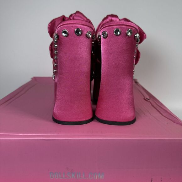 Sugar Thrillz Strike a Pose Diamante Bow Mule Heels Pink Satin Platform Size 10 - Picture 3 of 12